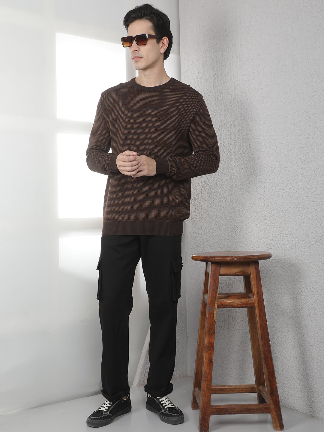 Brown 100% Cotton Textured Round Neck Sweater