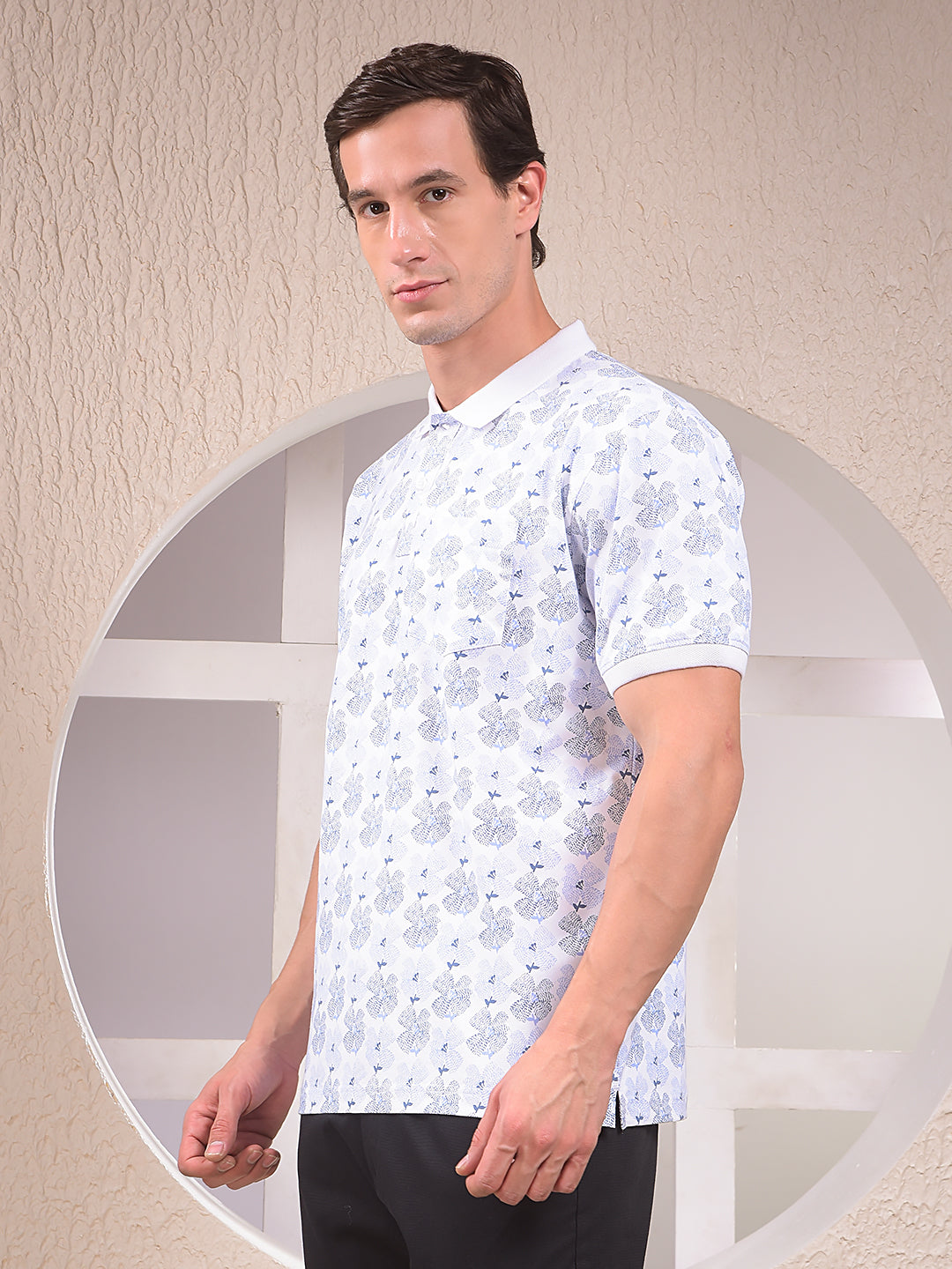 Blue Floral Print Polo Neck T-Shirt