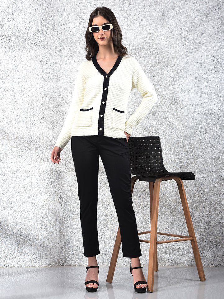 Off White V-Neck Jacquard Sweater