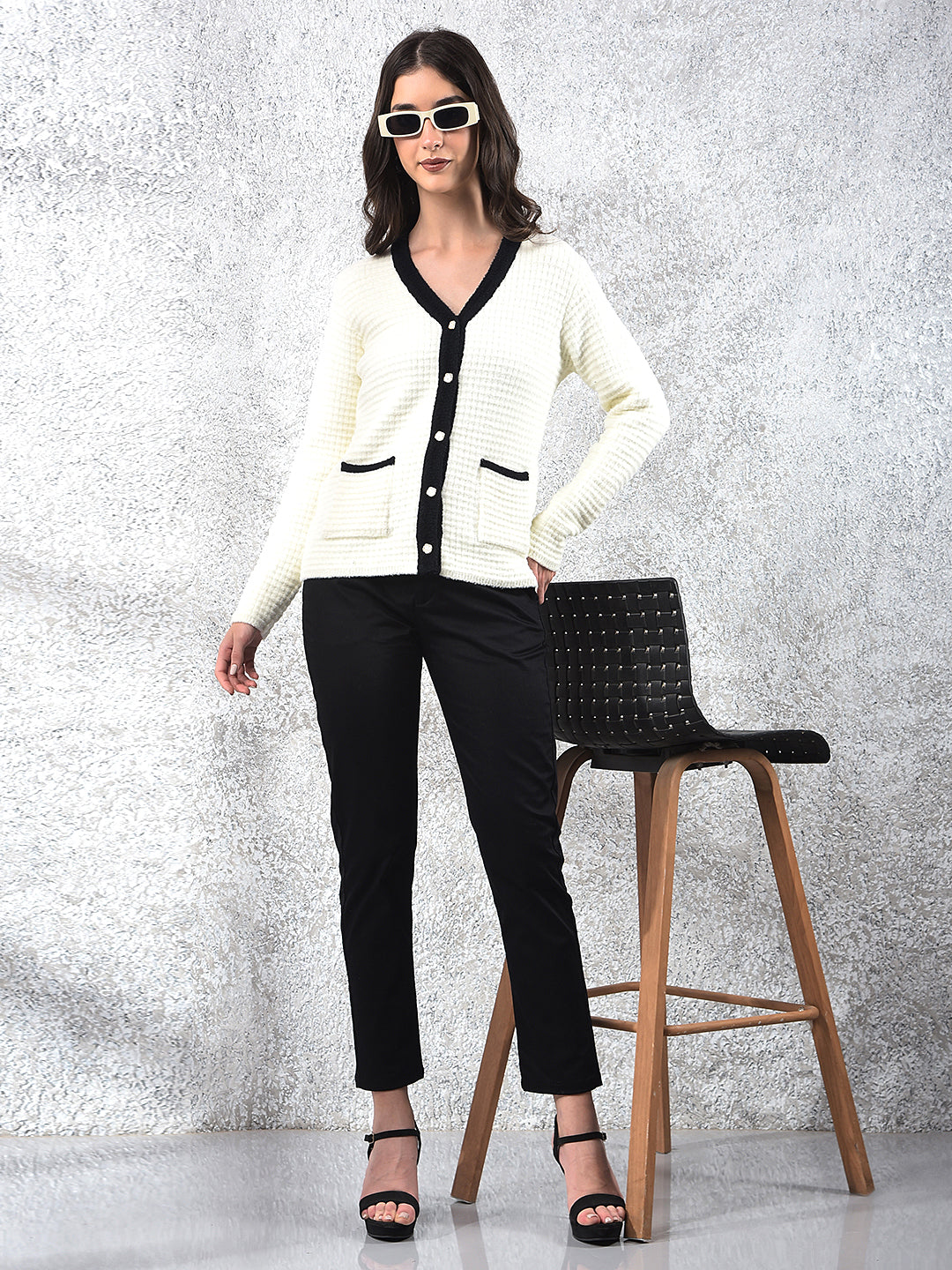 Off White V-Neck Jacquard Sweater