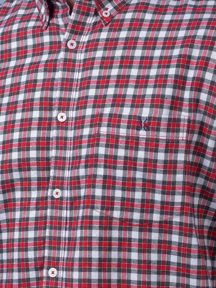 Red Checked Button-Down Collar 100% Cotton Shirt