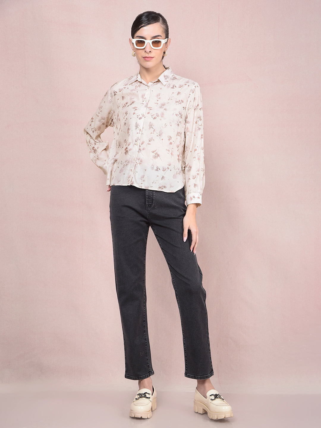 Beige Floral Print Shirt-Women Shirts-Crimsoune Club