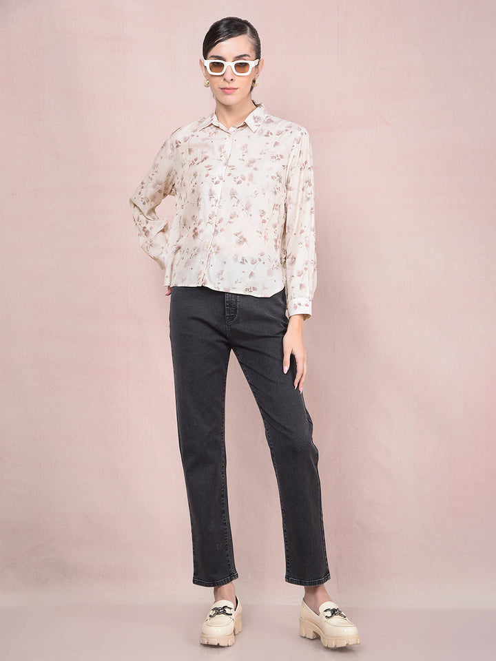 Beige Floral Print Shirt-Women Shirts-Crimsoune Club