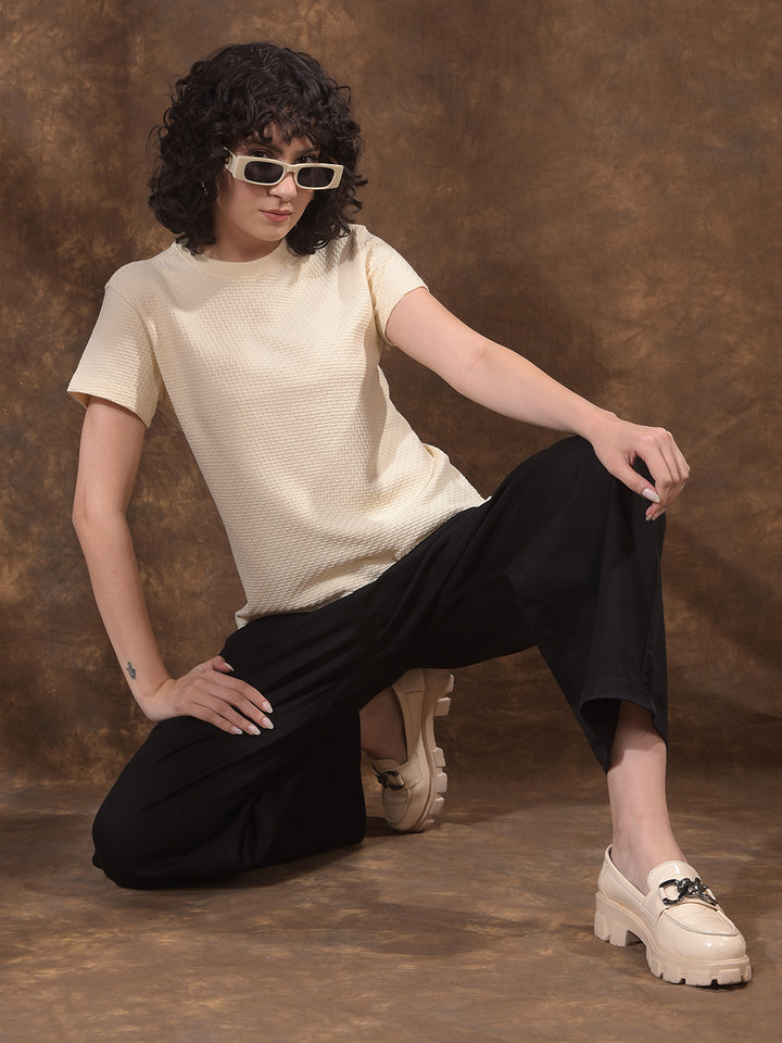Luxe Warm Sand Beige Jacquard T-Shirt