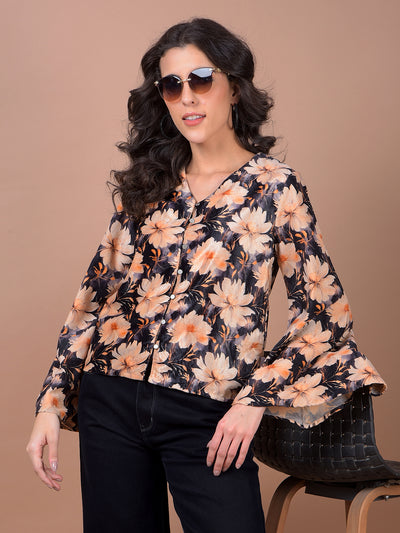Peach Floral Print V-Neck Top
