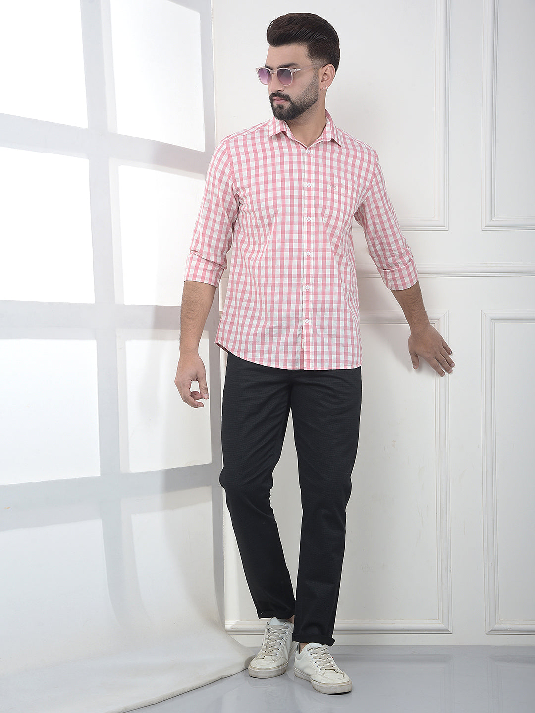 Flamingo Pink Checked 100% Cotton Shirt