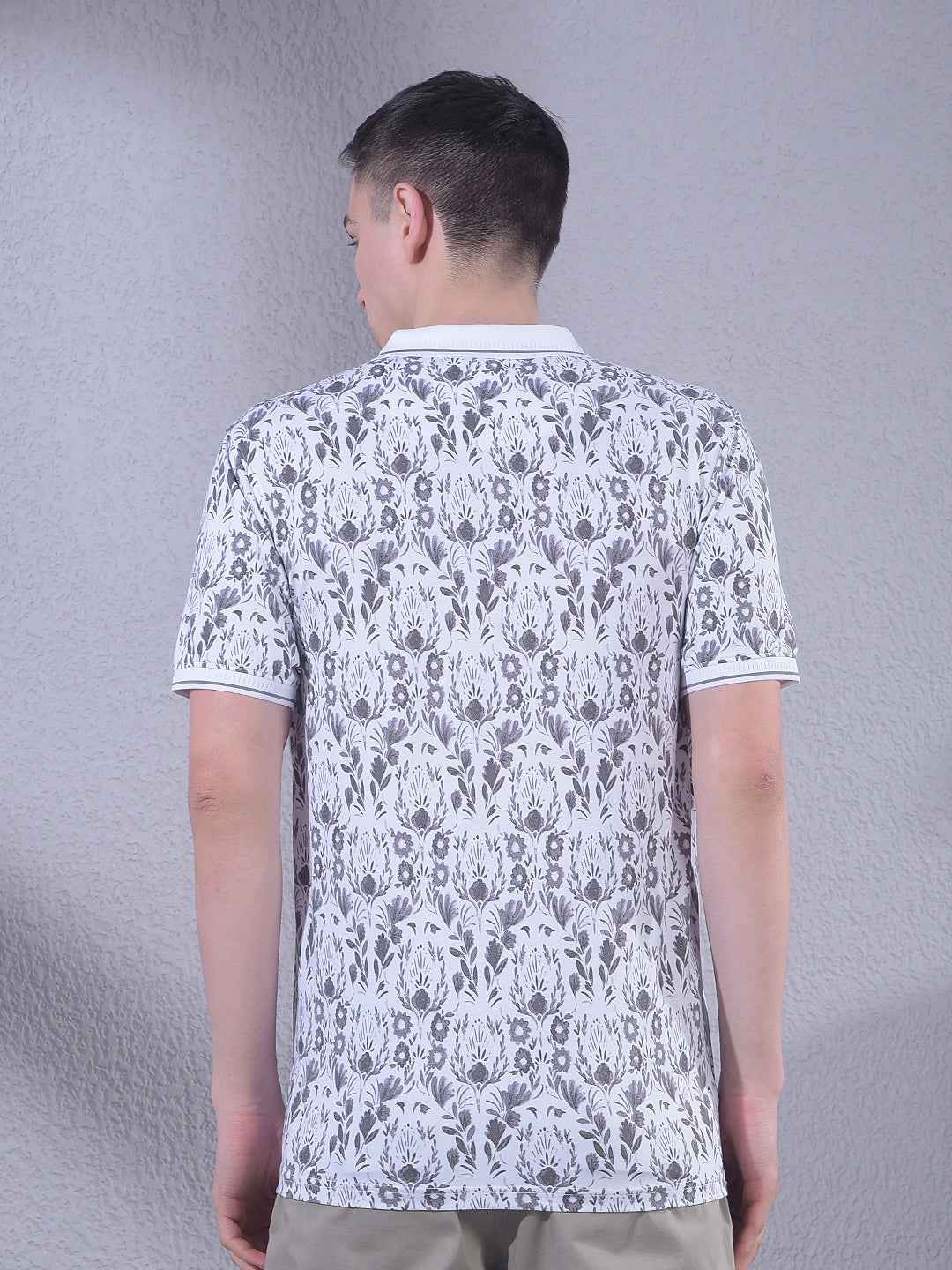 Grey Floral Print Polo Neck T-Shirt