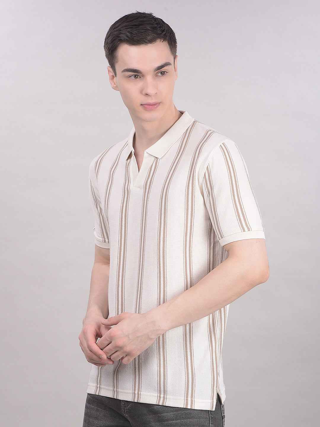 Cream Vertical Stripes T-Shirt