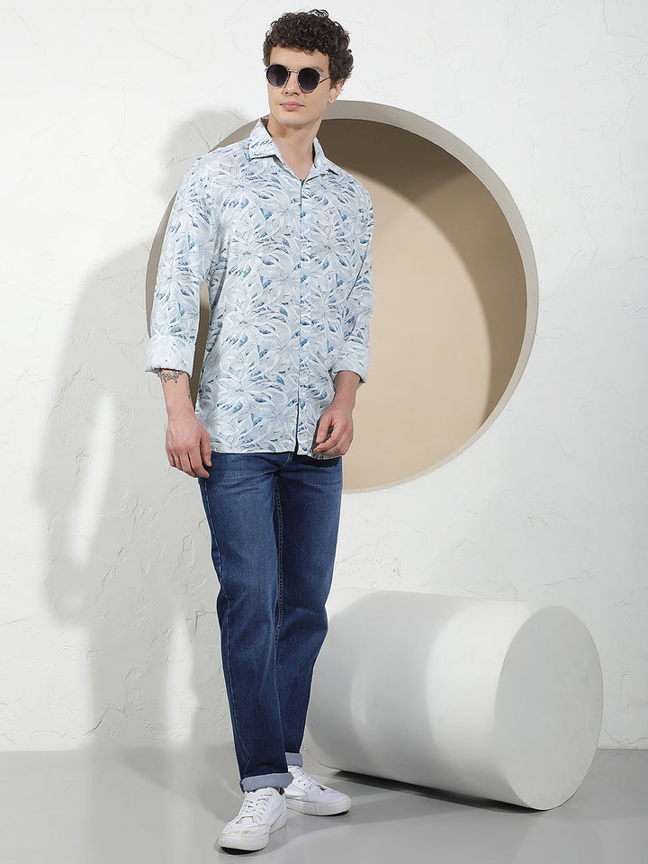 Blue Floral Print Linen Shirt