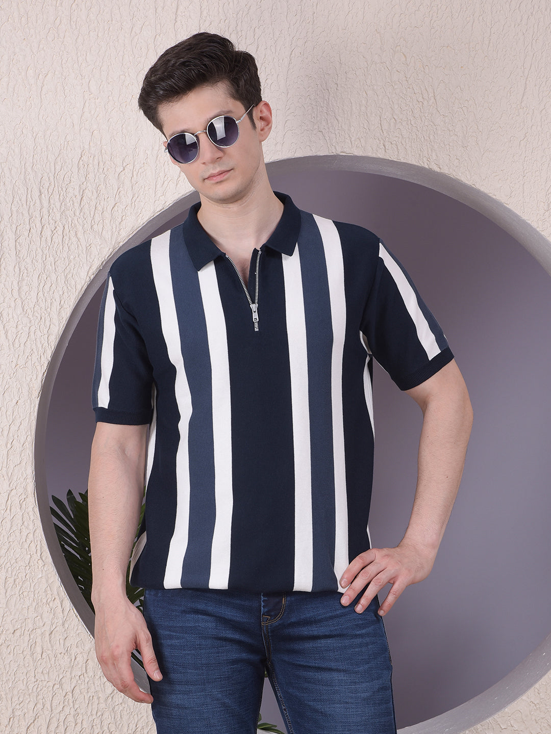 Navy Blue Vertical Stripes Polo Neck 100% Cotton T-Shirt