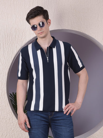 Navy Blue Vertical Stripes Polo Neck 100% Cotton T-Shirt
