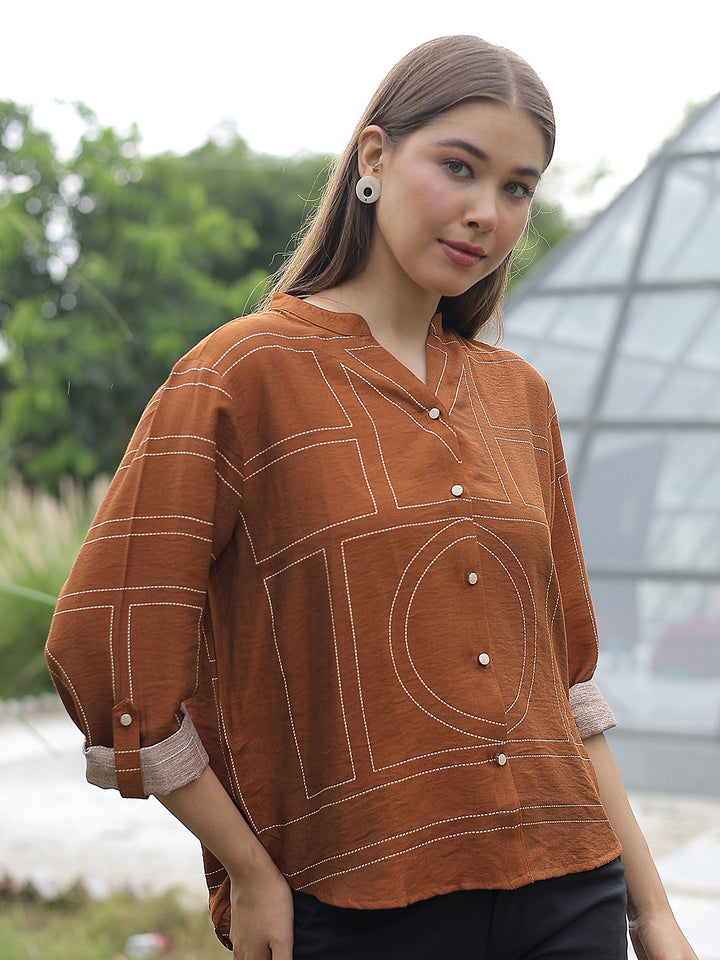 Brown Graphic Print V-Neck Shirt