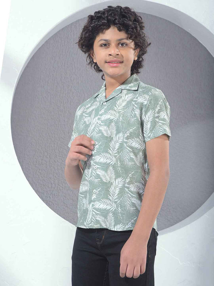 Green Floral Print Resort-Collar Shirt