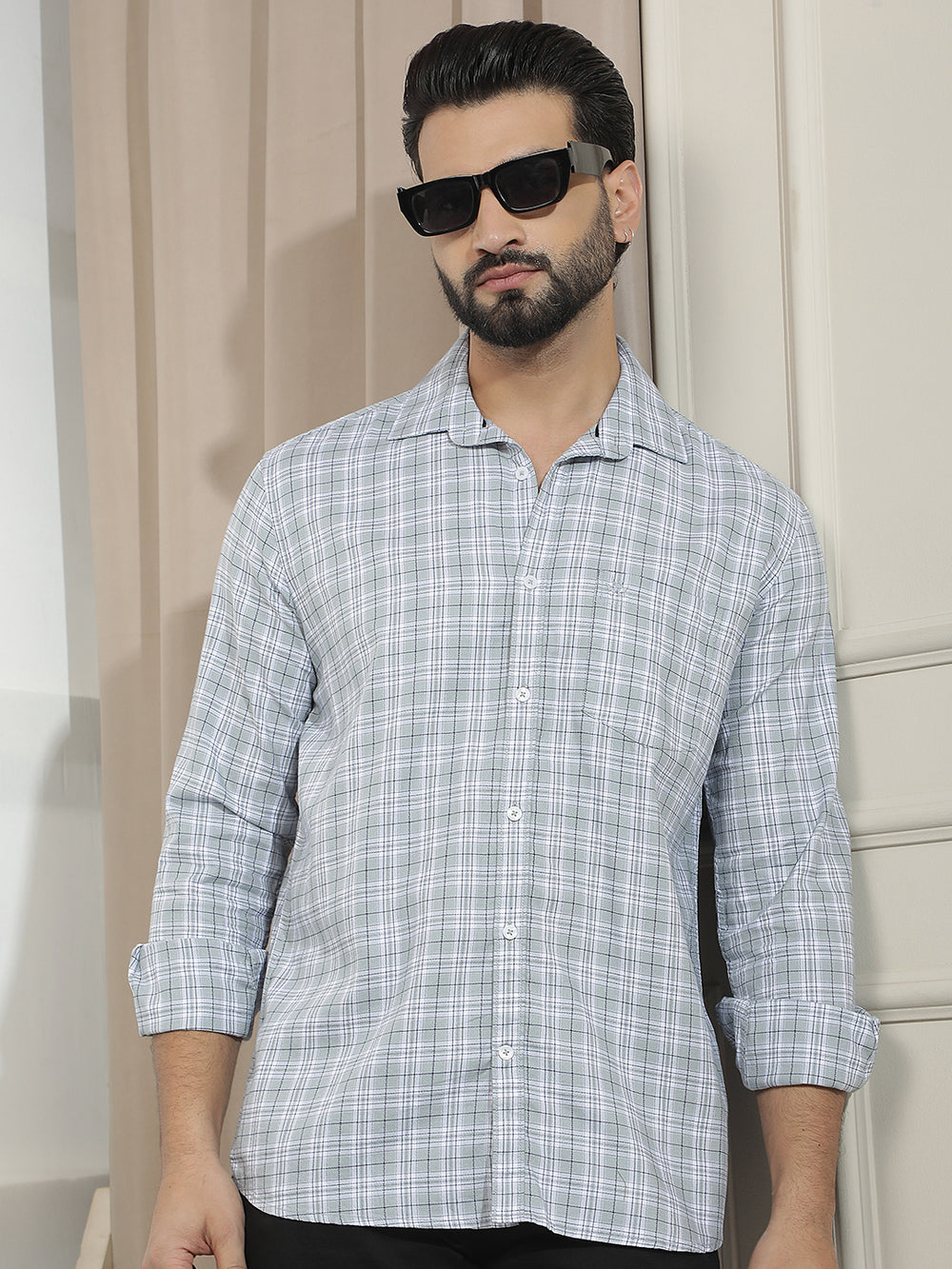 Grey 100% Cotton Checked Shirt