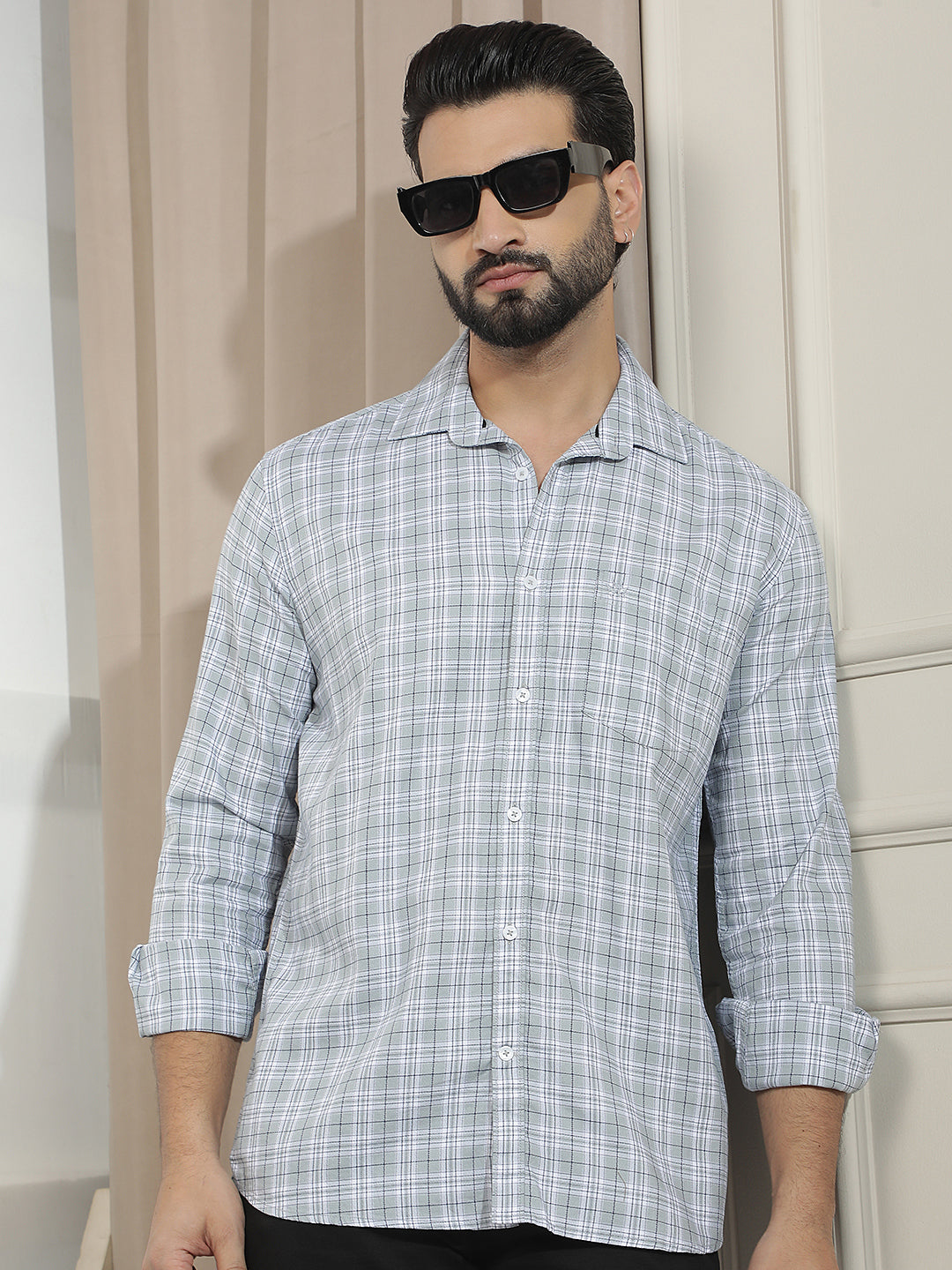 Grey 100% Cotton Checked Shirt