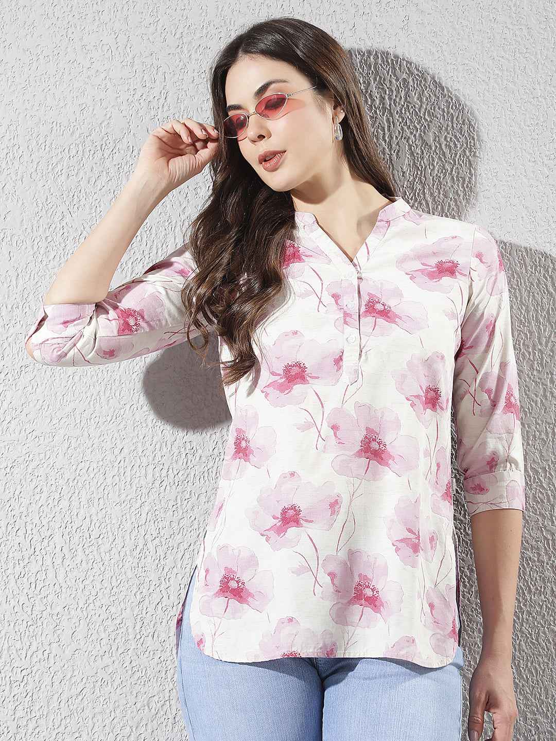 Linen Pink Floral Printed V-Neck Top