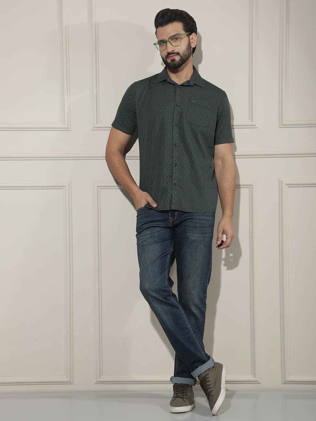 Green Floral Print Linen Shirt