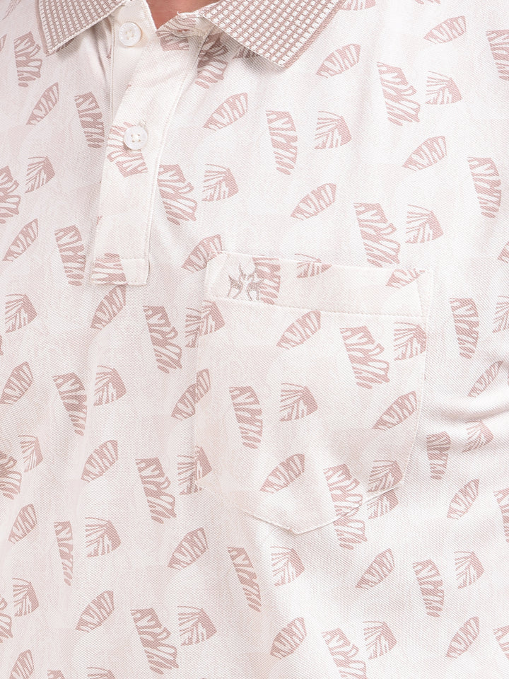 Beige Printed Polo Neck T-Shirt