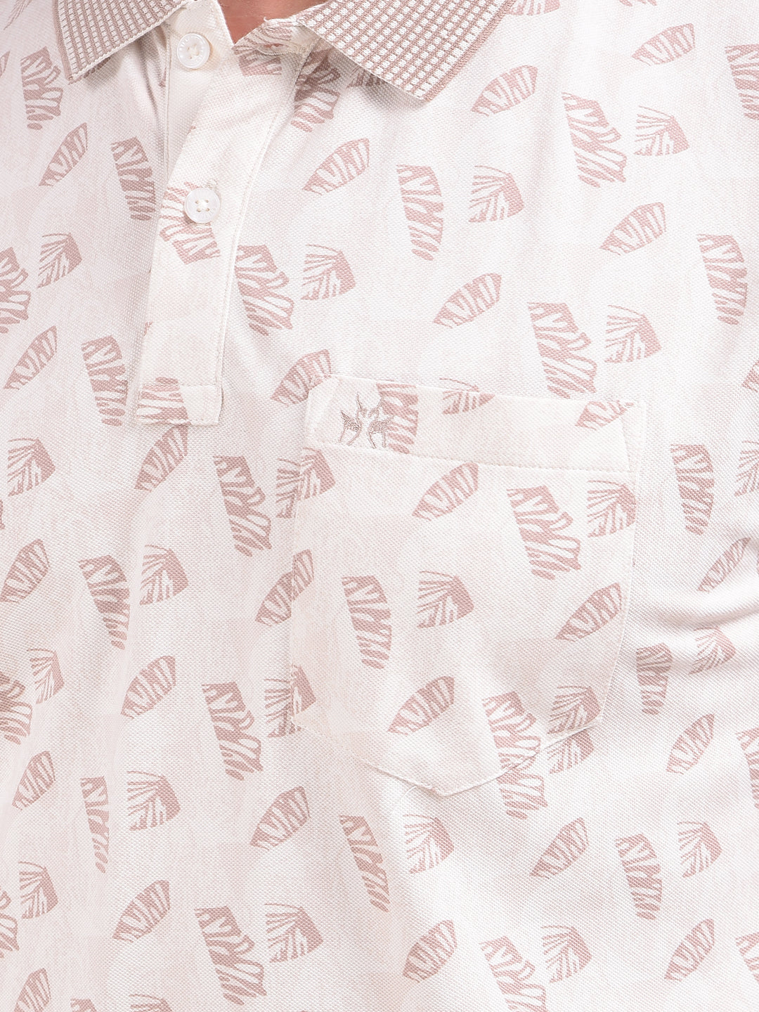 Beige Printed Polo Neck T-Shirt