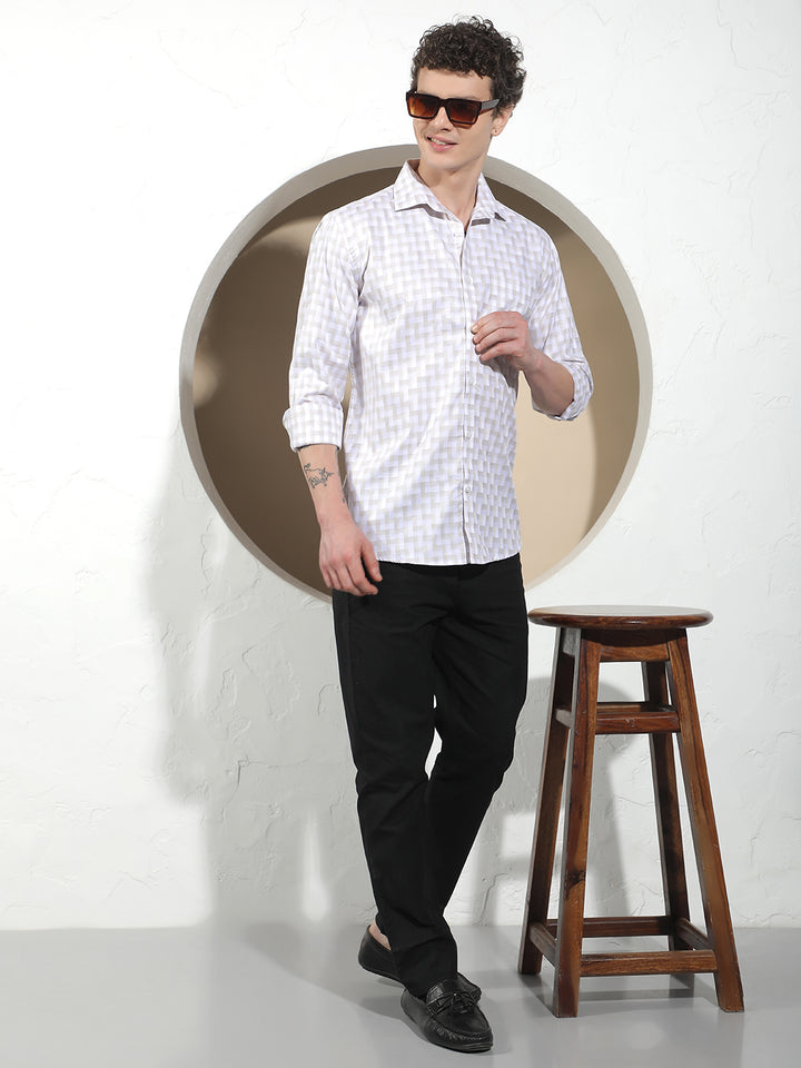 Beige Checked 100% Cotton Shirt