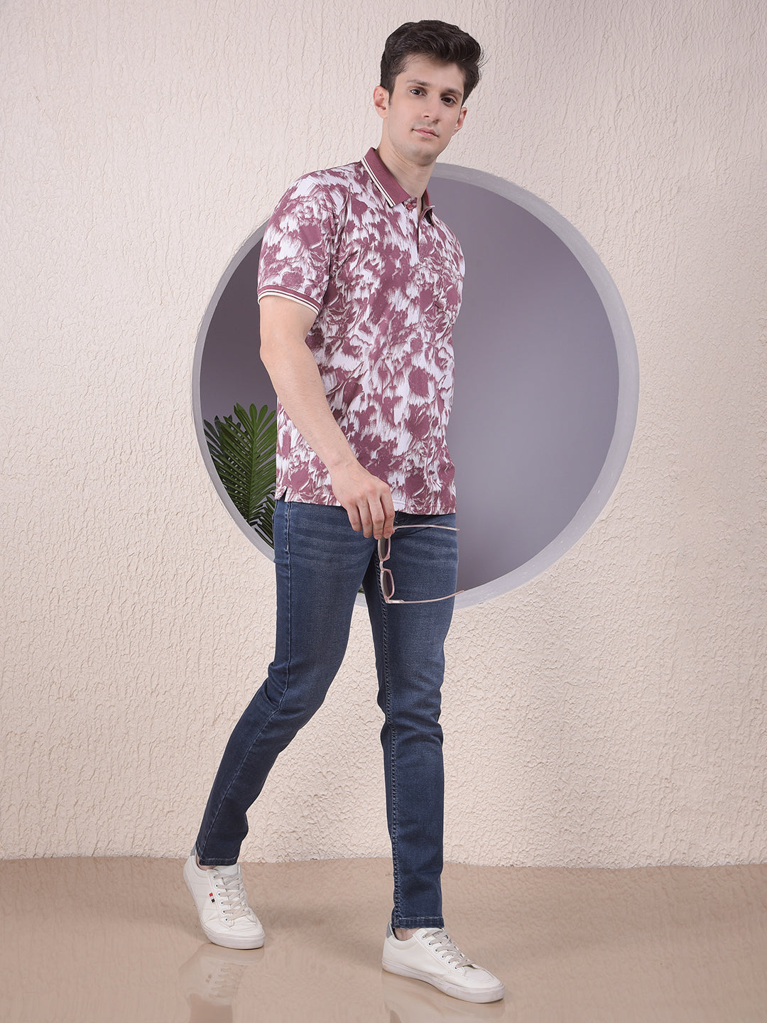 Maroon Floral Print Polo-Neck T-Shirt