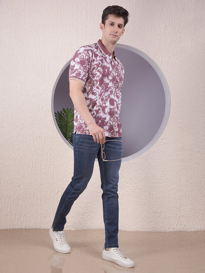 Maroon Floral Print Polo-Neck T-Shirt