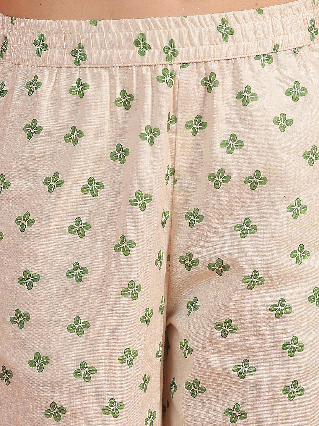 Cream Floral Print Linen Casual Trousers