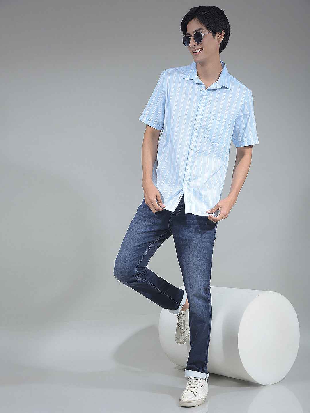 Blue Vertical Striped 100% Cotton Shirt