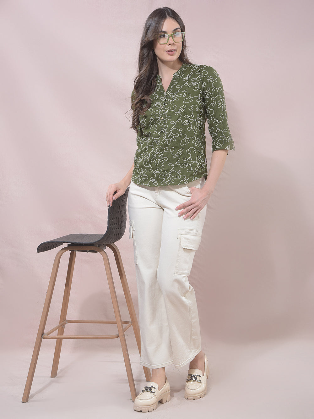 Green Embroidered V-Neck Top