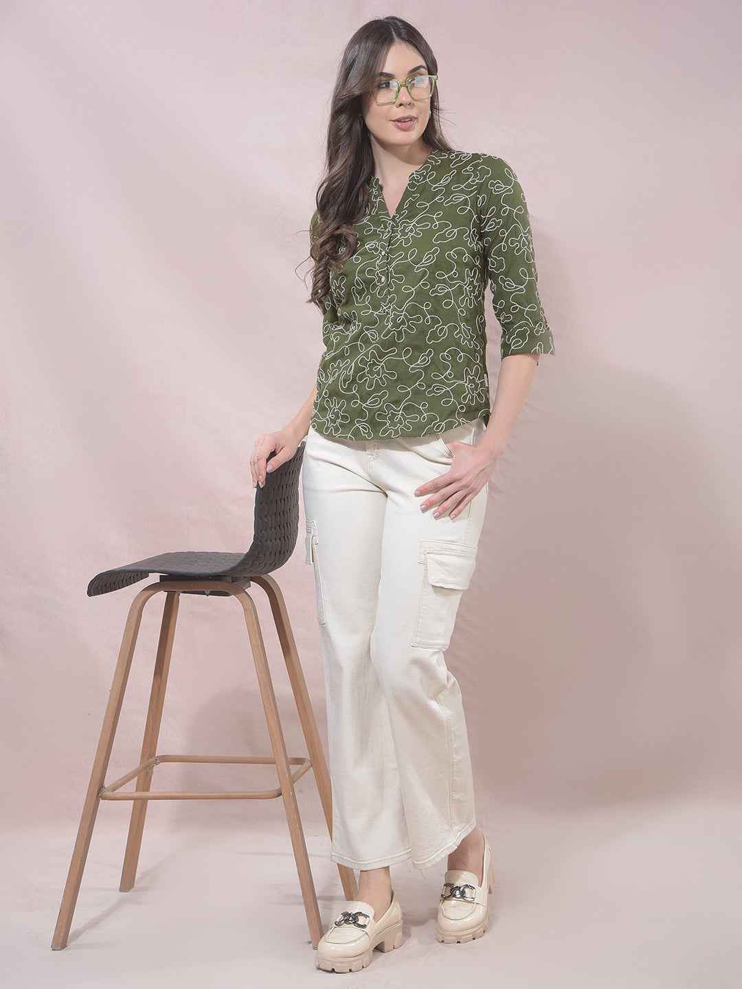 Green Embroidered V-Neck Top
