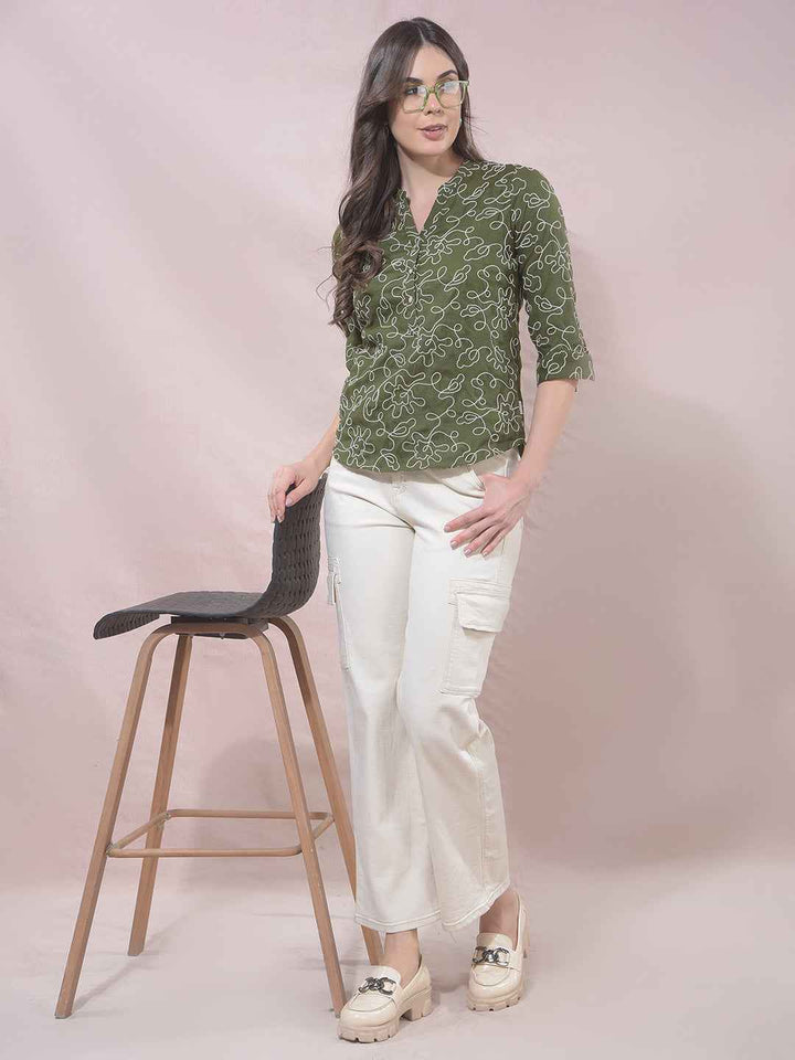 Green Embroidered V-Neck Top