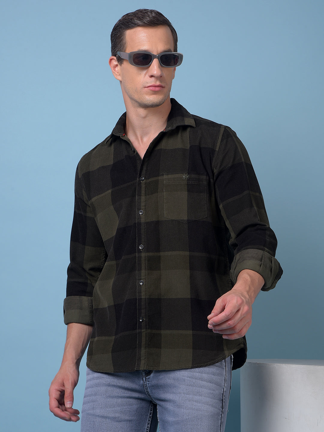 Olive Checked 100% Cotton Corduroy Shirt