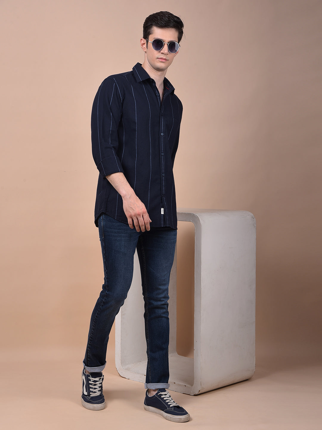 Navy Blue Vertical Stripes 100% Cotton Shirt