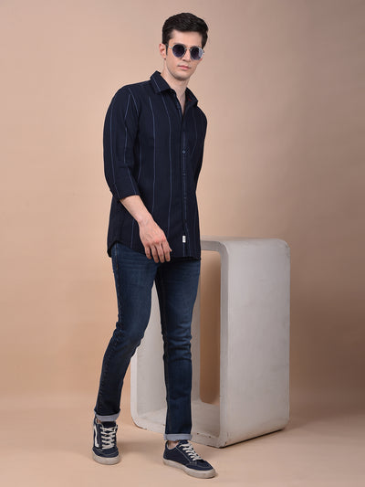 Navy Blue Vertical Stripes 100% Cotton Shirt
