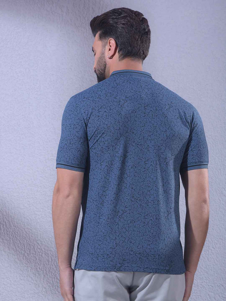 Navy Blue Floral Print Polo Neck T-Shirt