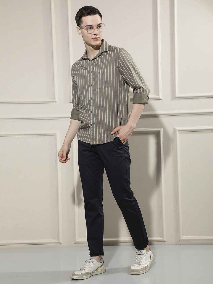 Olive Vertical Stripes Shirt