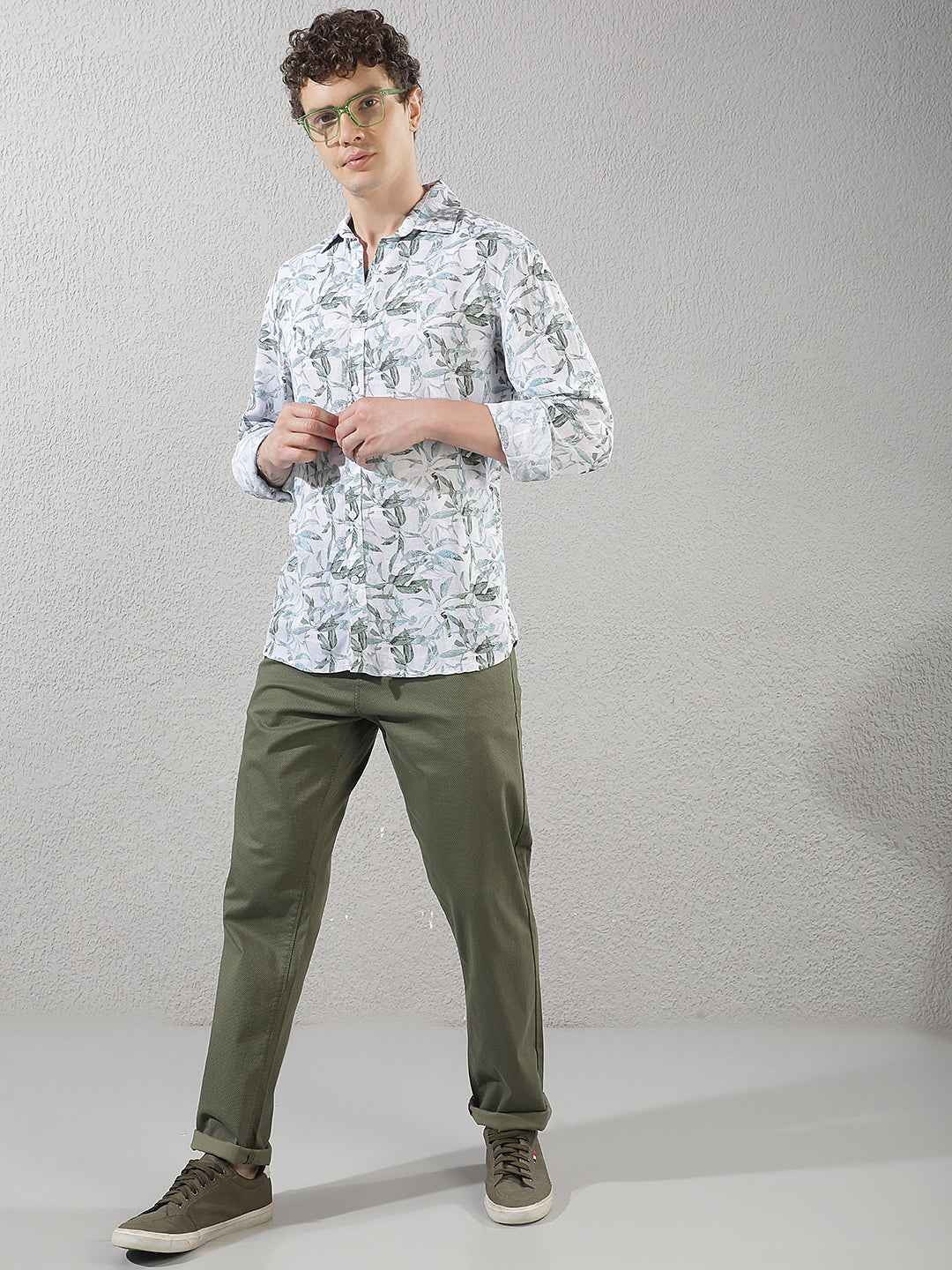 Green Botanical Print Linen Shirt