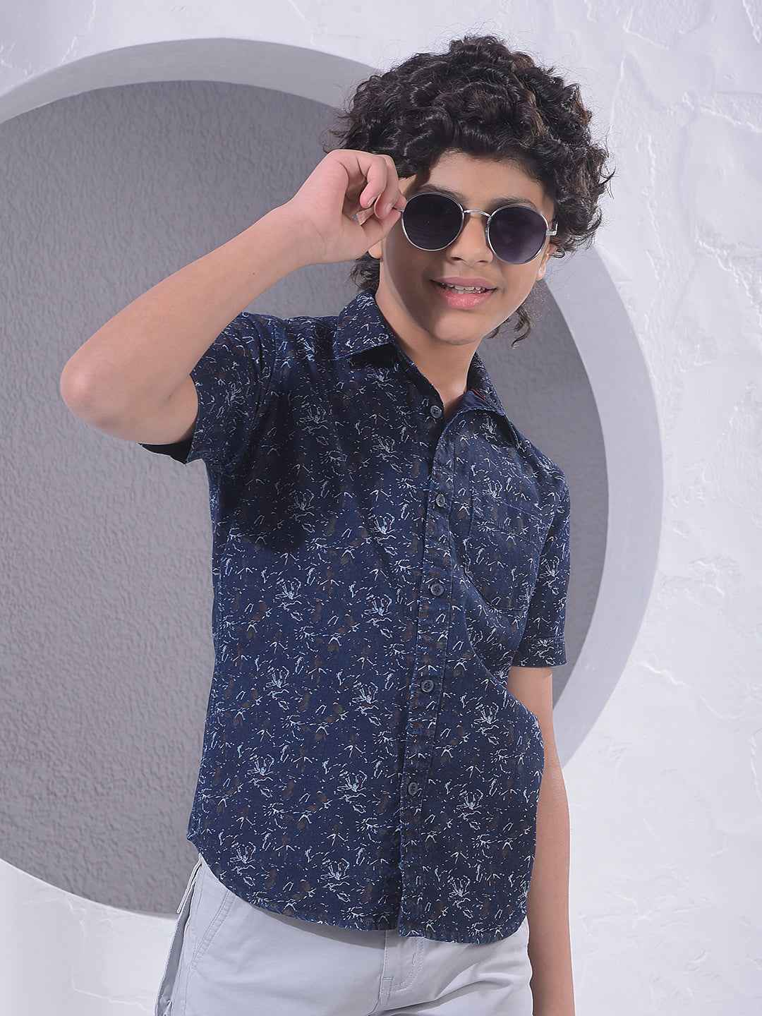 Navy Blue Floral Print 100% Cotton Shirt