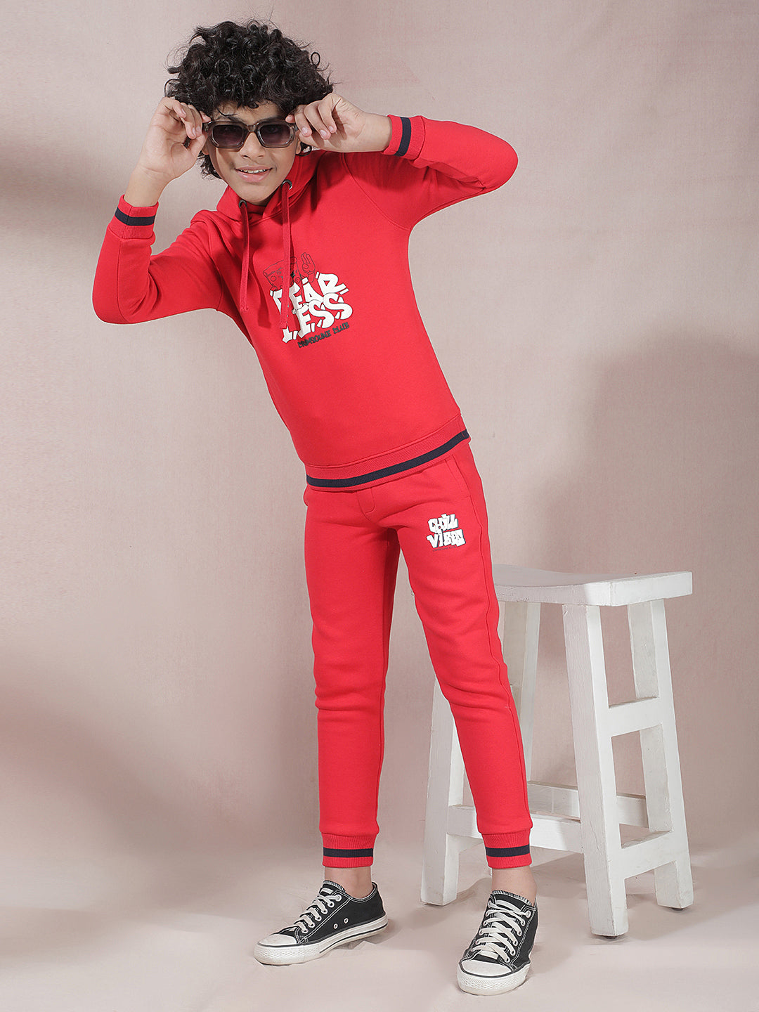 Red Typographic Print Hooded Neck Sweatshirt