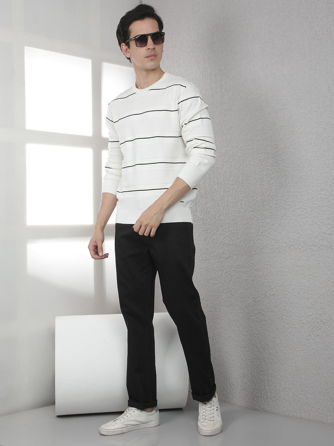 White Horizontal Stripes Round Neck Sweater