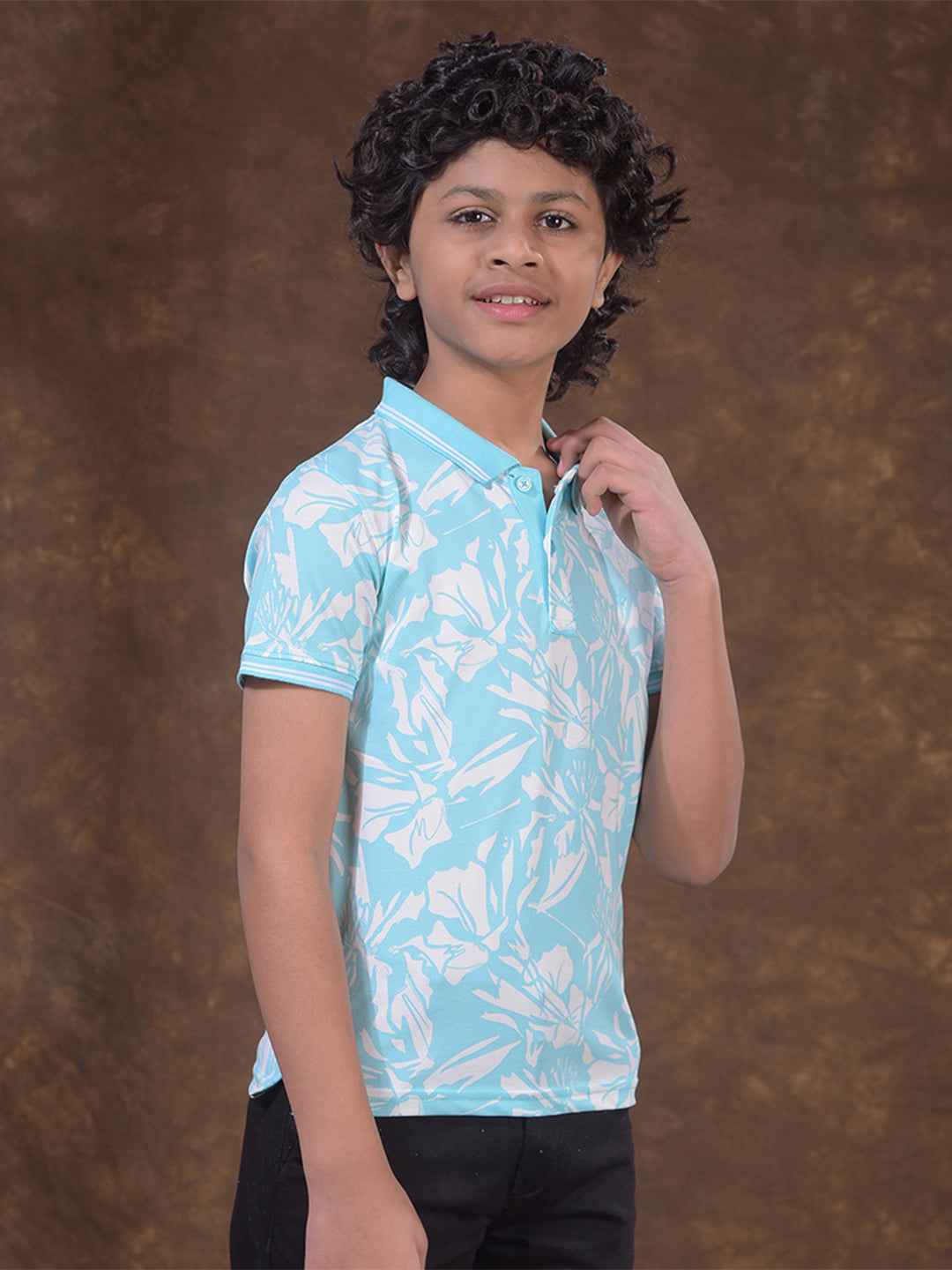 Blue Printed Polo Neck T-Shirt