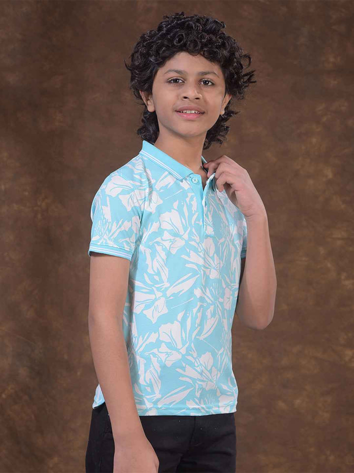 Blue Printed Polo Neck T-Shirt