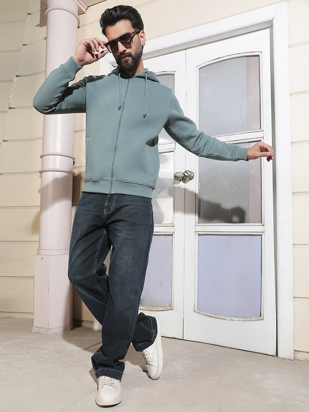 Green Hooded Neck Front Open Sweatshirt