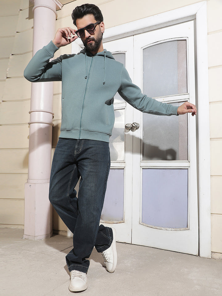 Green Hooded Neck Front Open Sweatshirt