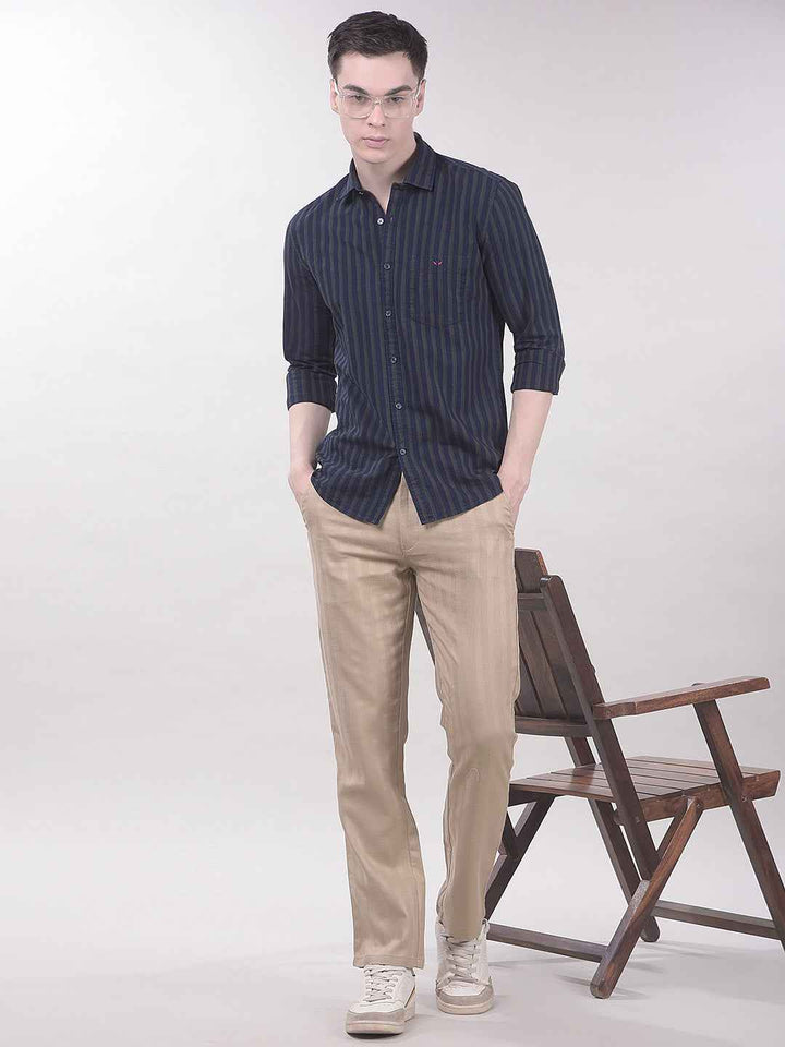 Beige Vertical Stripes Chinos Trousers