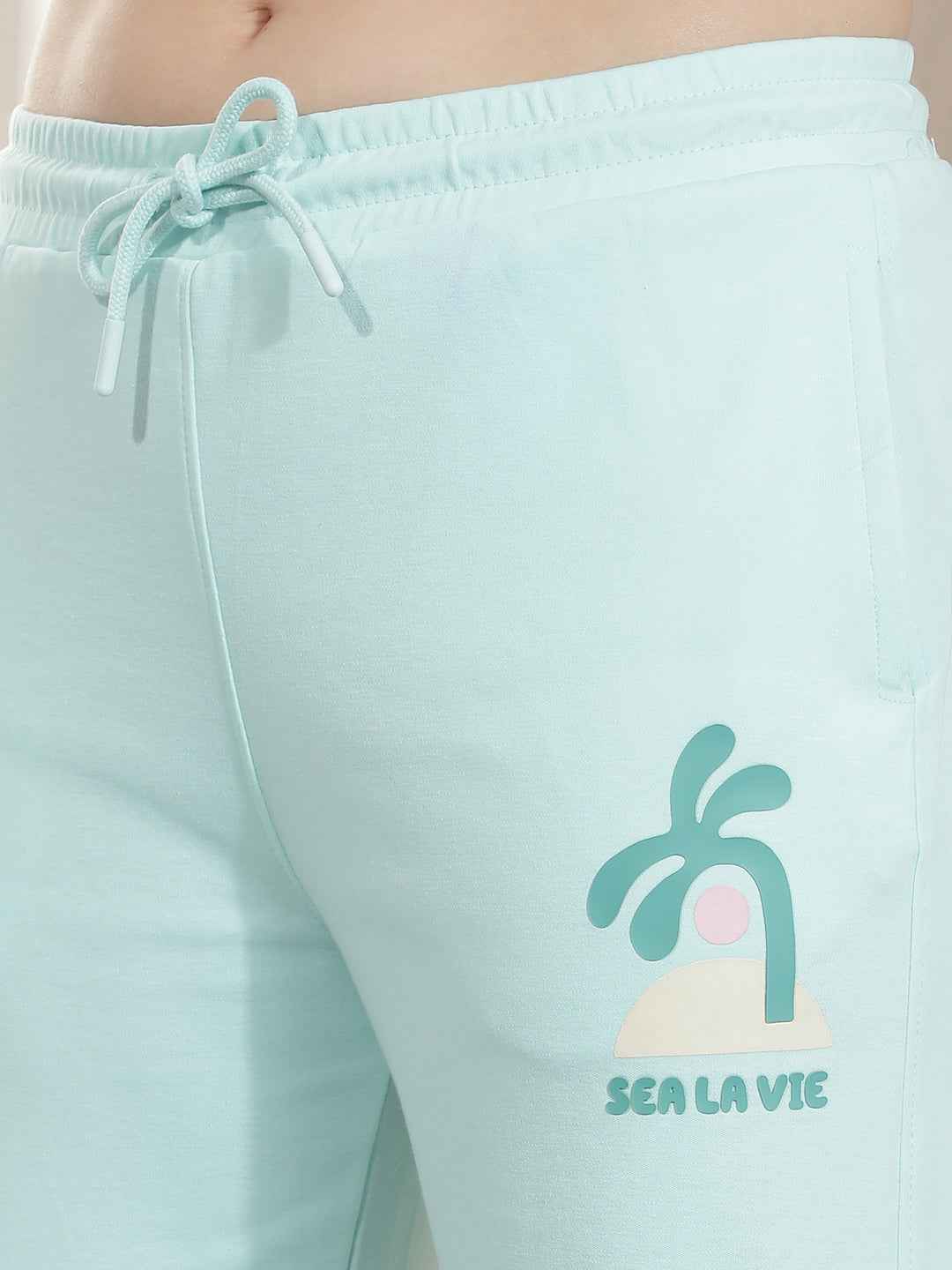 Aqua Green Graphic Print Trackpants