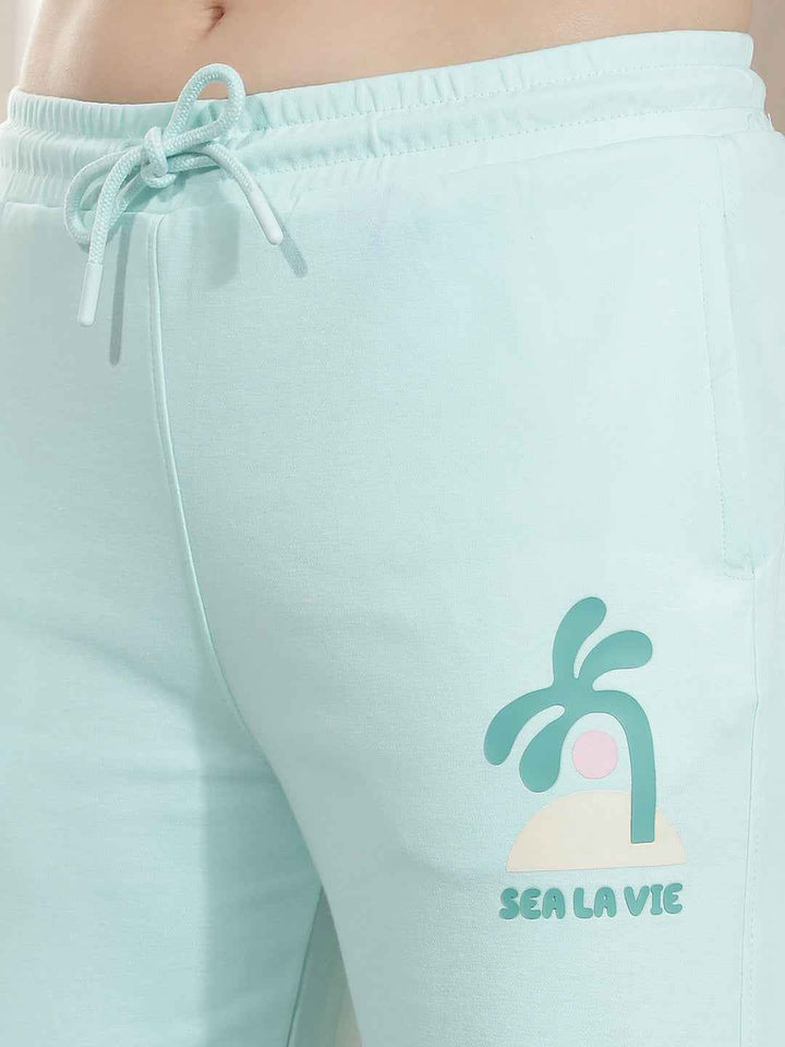 Aqua Green Graphic Print Trackpants