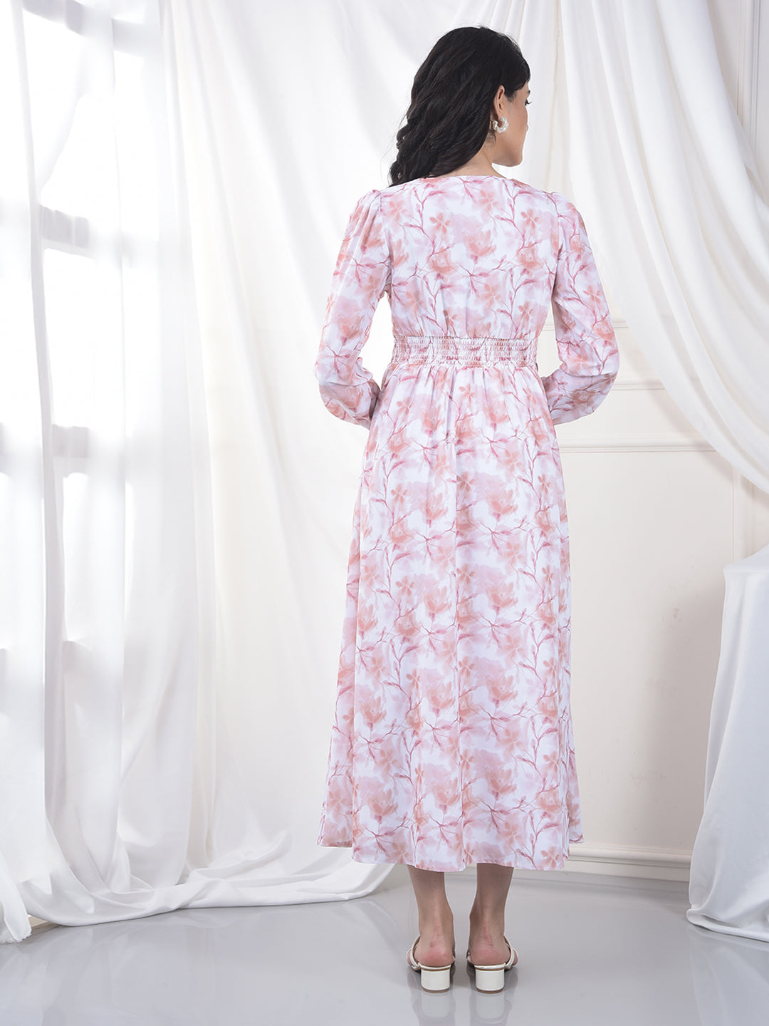 Peach Floral Print V-Neck A-Line Dress-Women Dress-Crimsoune Club