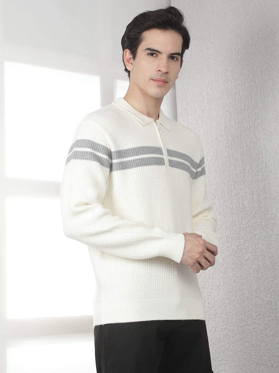 Off White Horizontal Stripes Knitted Polo Sweater