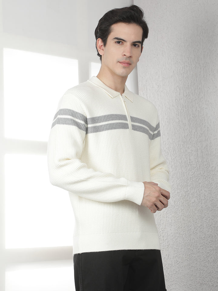 Off White Horizontal Stripes Knitted Polo Sweater